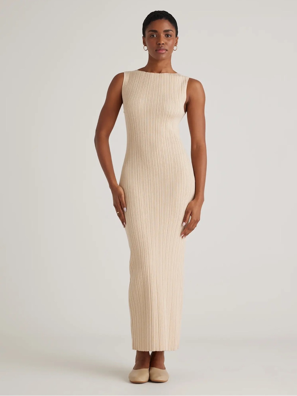 Quince Cotton Cashmere Ribbed Sleeveless Midi Dress in Oatmeal